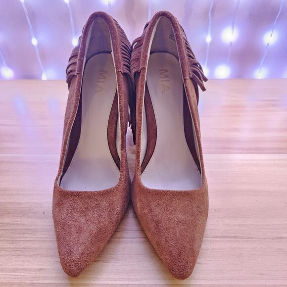 MIA Heels Womens Sz 9 1/2 Brown Madalyn Suede Fringe Stiletto Pointed Toe Pumps - Picture 2 of 7